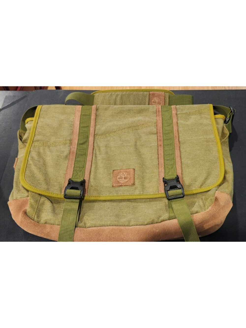 Vintage Timberland Canvas & Suede Messenger Bag - Olive Green / Tan Accent